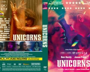 Dual-sided DVD cover for the film 'Unicorns': left panel shows a glittery gold scene with a woman and the title; right panel shows a couple in neon lighting with cast names and star ratings.