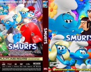 Front and back covers of a Smurfs DVD set with blue Smurfs in action and a red scooter, title 'Smurfs' and 'Adventure Comes Out of the Blue'.