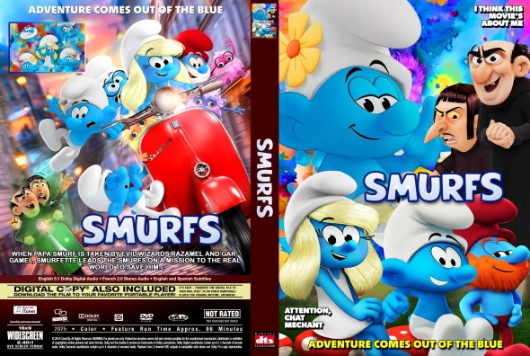 Front and back covers of a Smurfs DVD set with blue Smurfs in action and a red scooter, title 'Smurfs' and 'Adventure Comes Out of the Blue'.