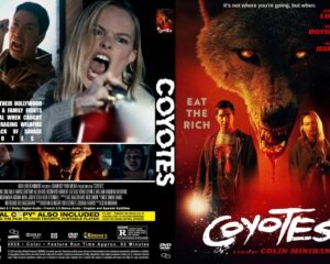 Two movie posters side by side: left shows a man and woman screaming in a tense scene; right shows a fiery wolf with two young people and the title 'COYOTES'.
