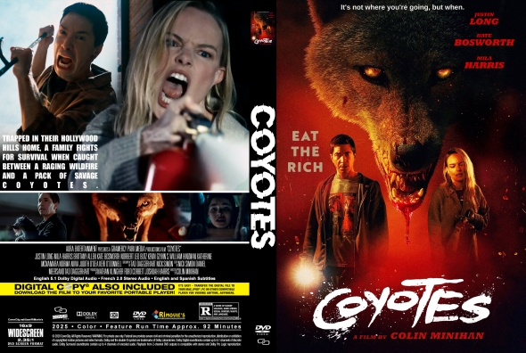 Two movie posters side by side: left shows a man and woman screaming in a tense scene; right shows a fiery wolf with two young people and the title 'COYOTES'.