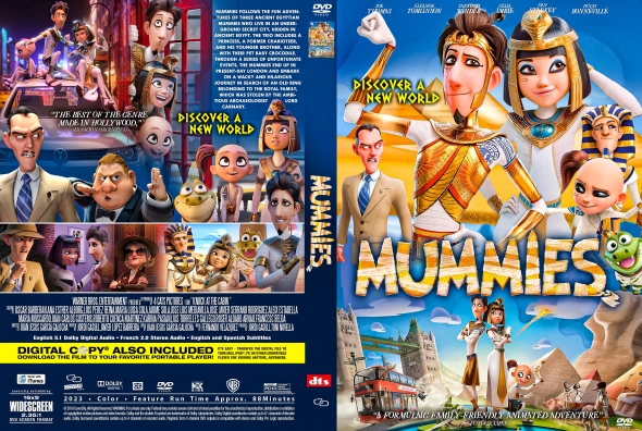 DVD cover for an animated comedy 'Mummies' featuring cartoon explorers and Egyptian-inspired characters against a bright blue sky.