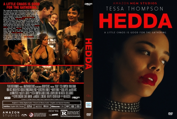Front cover of the Hedda DVD: close-up portrait of a woman with red lipstick on the right; left shows a lively party scene with multiple characters in 1920s attire.