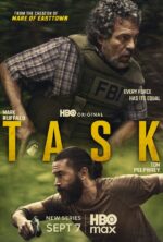 HBO Original poster for 'TASK' showing two men running through a forest; one in an FBI vest at the top, bold yellow letters spell 'TASK' across the center, with release text 'New Series Sept 7' and HBO Max branding.