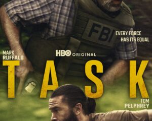 HBO Original poster for 'TASK' showing two men running through a forest; one in an FBI vest at the top, bold yellow letters spell 'TASK' across the center, with release text 'New Series Sept 7' and HBO Max branding.