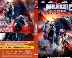Front cover: giant roaring dinosaur beside a motorcyclist against fiery backdrop, movie title The Jurassic Games: Extinction.