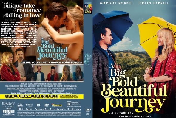 Two-sided DVD cover for the film 'A Big Bold Beautiful Journey': front shows a man and woman under colorful umbrellas smiling at each other; bold title text, sunny landscape in the background. Back features a collage of scenes and a synopsis with cast names.