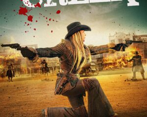 Frontier action poster: a woman gunslinger kneels in a dusty western town, guns drawn, dramatic splashes of red paint above the title 'Black Creek'.