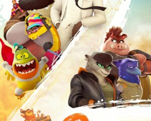 Poster for The Bad Guys: a colorful group of animated animal characters in action poses against a white brushstroke background, with a city skyline and pyramids at the bottom; release date August 1.