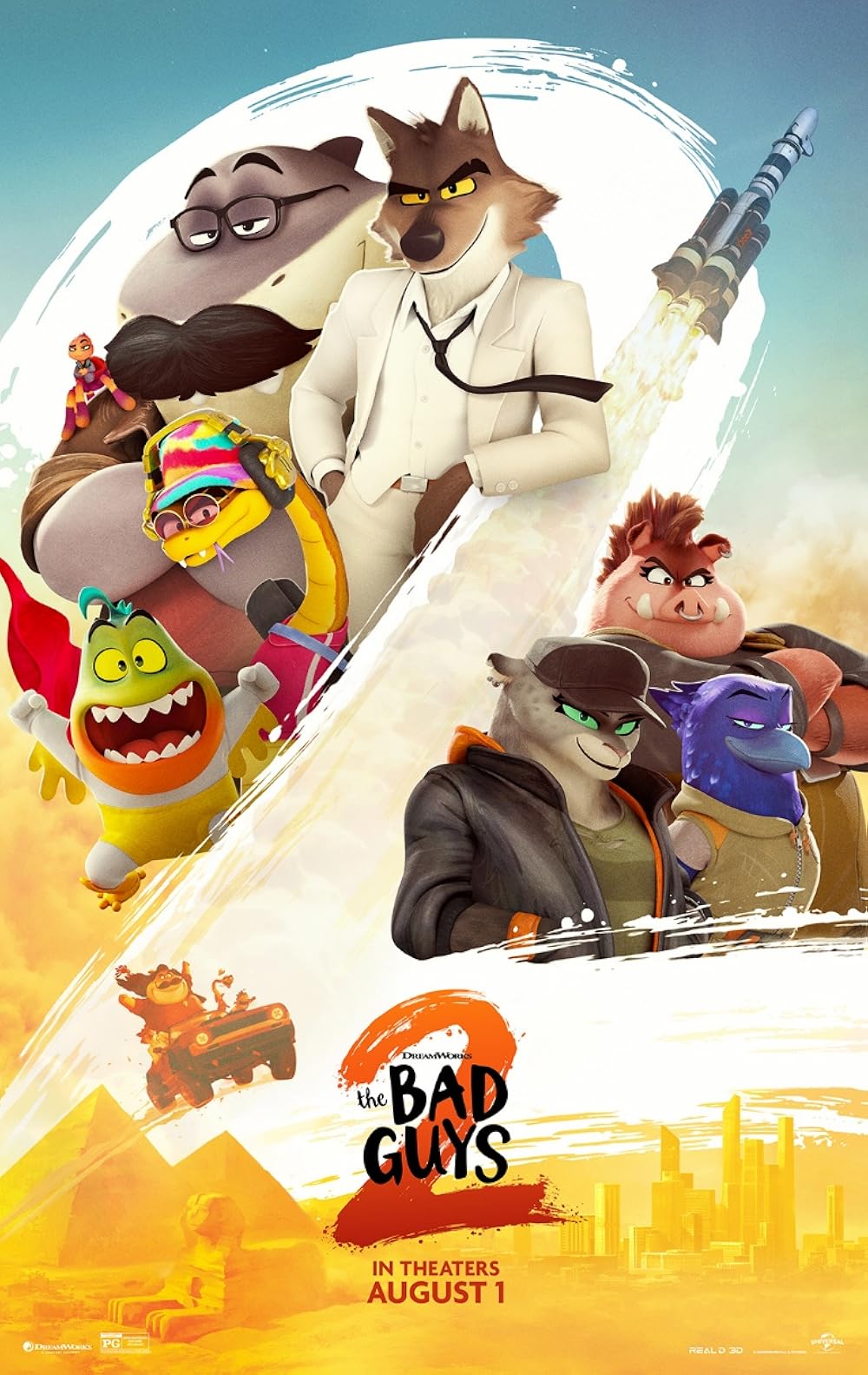 Poster for The Bad Guys: a colorful group of animated animal characters in action poses against a white brushstroke background, with a city skyline and pyramids at the bottom; release date August 1.