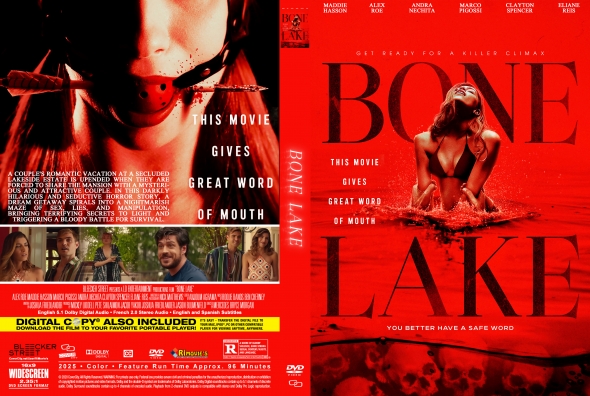 Red-tinted Bone Lake DVD cover front and back: front shows a bound woman with a dark, horror vibe; bold title Bone Lake. Back features film stills and the tagline 'This Movie Gives Great Word of Mouth' along with cast/credit text.