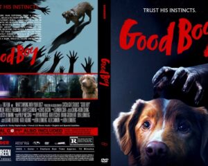 Front and back of the Good Boy DVD case; features a menacing hand above a happy golden retriever on the front, tagline 'Trust his instincts' behind.