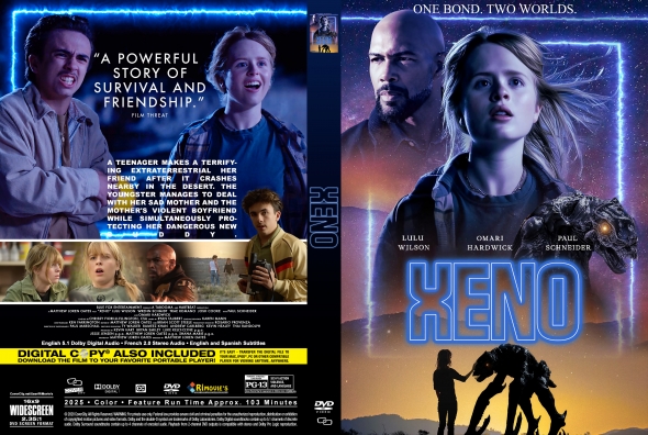 DVD cover for the sci‑fi film Xeno featuring a bald man and a determined woman inside a glowing blue frame, with the title XENO at center.
