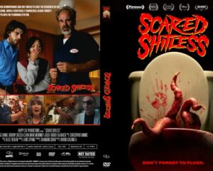 Front cover: black background with red 'Scared Shitless' title, a toilet bowl with a bloody, raised hand and eerie red art above it.