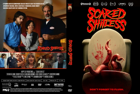 Front cover: black background with red 'Scared Shitless' title, a toilet bowl with a bloody, raised hand and eerie red art above it.