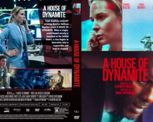 DVD cover collage for A House of Dynamite with scenes of a woman in a blue blazer at a control room and bold red title text behind her.