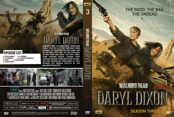 Front cover of The Walking Dead: Daryl Dixon Season Three DVD showing Daryl aiming a gun over a desert landscape with a rugged font title and AMC logo.