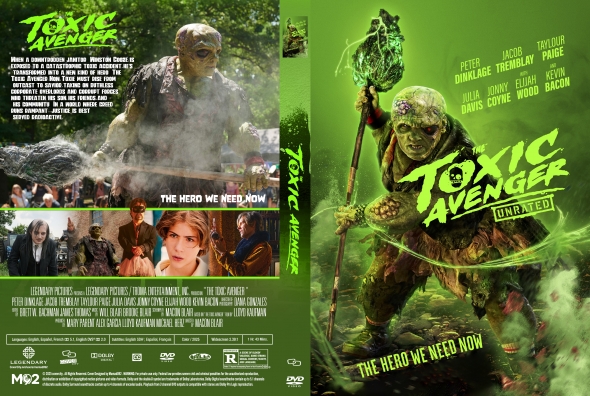 Two-panel DVD case for Toxic Avenger: the back panel shows action stills, while the front panel features a neon-green monstrous hero and the title Toxic Avenger Unrated.