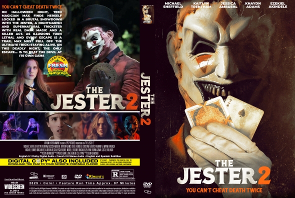 Front cover of The Jester 2 DVD: a sinister white-faced clown in a top hat holding playing cards; title The Jester 2 and the tagline 'You can't cheat death twice.'