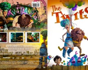 Two-panel The Twits DVD case: front shows whimsical characters with balloons, back is a collage of scenes and a barcode against a wooden fence backdrop.