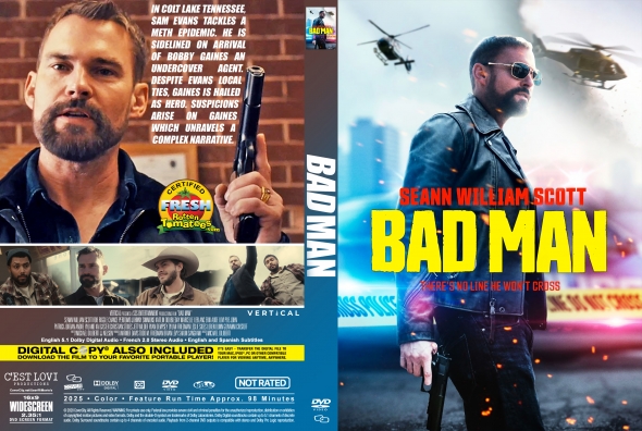Front cover of Bad Man: Seann William Scott in sunglasses holding a pistol, neon yellow title 'BAD MAN' with helicopters in the background, urban setting.