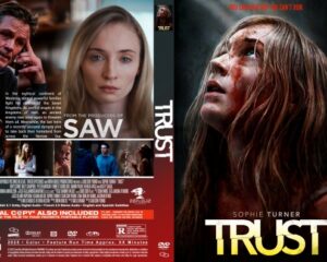 Side-by-side movie posters: the right shows Trust with Sophie Turner, the left is a Saw back-cover montage with multiple characters and scenes.