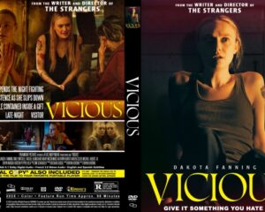 Front and back DVD cover for the thriller Vicious, featuring a woman in a dim room and a collage of characters with a bold yellow 'VICIOUS' title.