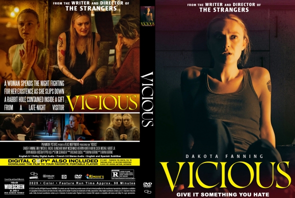 Front and back DVD cover for the thriller Vicious, featuring a woman in a dim room and a collage of characters with a bold yellow 'VICIOUS' title.