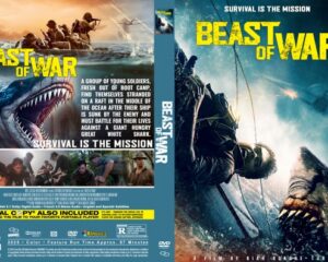 DVD cover for Beast of War: soldiers battle a giant shark on the left, bold yellow title 'Beast of War' and 'Survival is the Mission' tagline on the back panel.