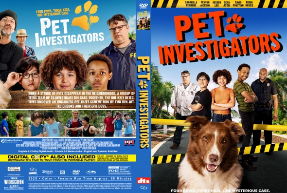 Front cover: Pet Investigators DVD with diverse kids and a brown-and-white dog, bold orange title on a blue sky backdrop.
