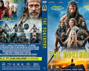 Front and back DVD cover of The Northman: large central Viking with others in blue-toned imagery, bold yellow title THE NORTHMAN, and crowd of characters; back shows scenes and taglines.