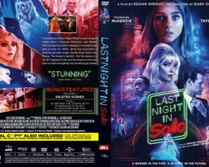 DVD cover for Last Night in Soho; front collage with neon-blue and pink hues and a bold green-lit title, plus the spine visible on the side.