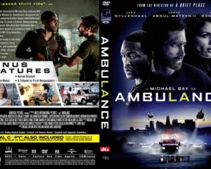 Front cover of a DVD: two men facing each other with a city skyline and police lights; bold 'AMBULANCE' title at bottom. Behind-the-scenes vibe.