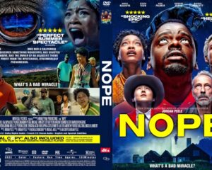 DVD cover for the film Nope; front shows diverse cast looking upward with a bright NOPE title in yellow/orange tones.
