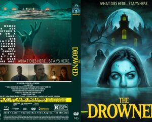 DVD cover for The Drowned featuring a blue ghostly woman’s face rising from water with a moonlit haunted house in the background.
