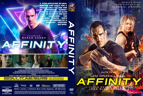 Double-sided DVD cover for the action film Affinity, featuring Marko Zaror with a gun and a female ally in a fiery, neon-lit design.
