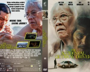 DVD cover for The Accidental Getaway Driver featuring two men in the foreground (an elderly man with glasses and a younger man) with a car and title text; back cover with film stills and synopsis