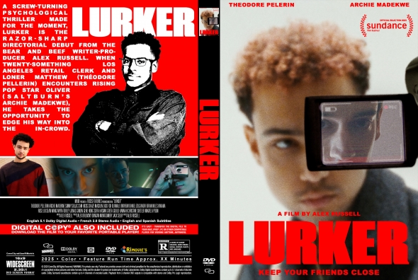 Film cover for the movie LURKER with bold red title; left panel shows a black-and-white portrait and collage, right panel features a man looking through a camcorder.