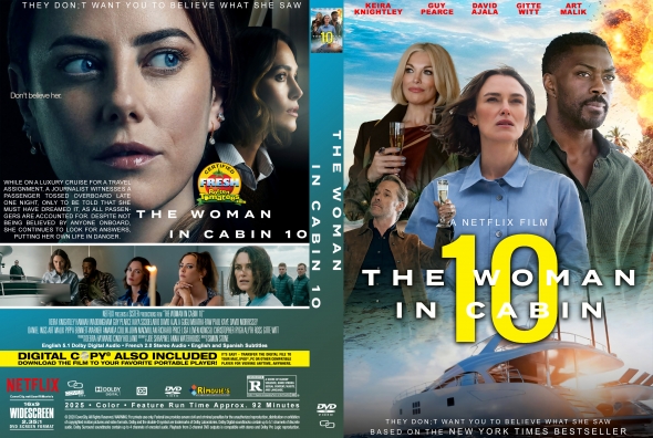 Movie poster for The Woman in Cabin 10: close-up of a woman’s face with others in the background and the title across the cover on the left panel.