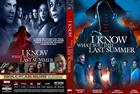 Front and back DVD cover for I Know What You Did Last Summer; hooded figure in red, spooky blue tones, cast photos and title text prominent.