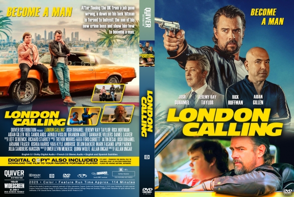 Two-sided DVD cover for the film London Calling: front shows men with a gun and bold yellow title; back features an orange car and action scenes.