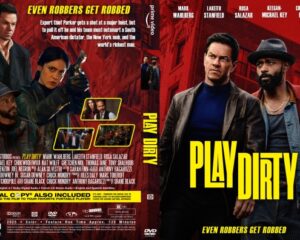 Poster/cover for the film Play Dirty: two men in the foreground with a bold yellow title, red urban background, and the tagline 'Even robbers get robbed'.