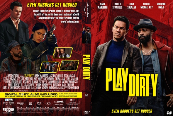 Poster/cover for the film Play Dirty: two men in the foreground with a bold yellow title, red urban background, and the tagline 'Even robbers get robbed'.