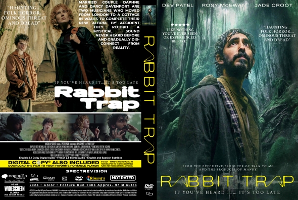 Dual DVD cover for the film Rabbit Trap: left panel shows a group of people in a dark, forest-horror scene with the title 'Rabbit Trap'; right panel features a bearded man in a forest looking upward, with the tagline and cast names suggesting a folk horror vibe.