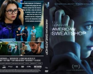 DVD cover for 'American Sweatshop': front features a blue-toned close-up of a woman with glasses, back shows cast and scene thumbnails with synopsis.