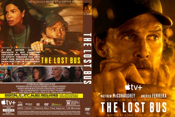 Front cover for The Lost Bus on TV+, featuring a man with a cap in a warm, close-up portrait and the title The Lost Bus.