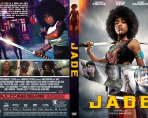 DVD cover for the action film Jade, featuring a woman with a sword across her shoulders, bold yellow title Jade, and cast names; back cover shows a montage of scenes and credits.