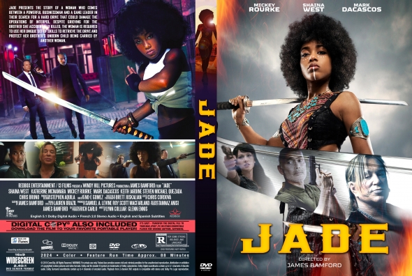 DVD cover for the action film Jade, featuring a woman with a sword across her shoulders, bold yellow title Jade, and cast names; back cover shows a montage of scenes and credits.