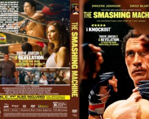Double-sided DVD cover for The Smashing Machine; front shows a close-up of a boxer with gloves, back features a collage of fighters and film synopsis.