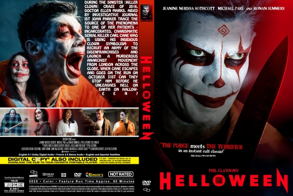 DVD cover for Helloween: left shows a screaming man and woman; right features a white-faced killer with red makeup; bold red title.